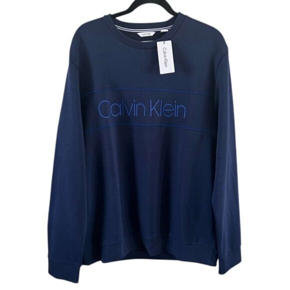 Calvin Klein Navy Logo Soft Touch Fleece Pullover Crew Sweatshirt Sz XL Men’s